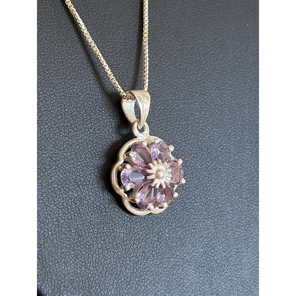 925 STERLING SILVER 1.80 CARAT PURPLE AMETHYST FLOWER PENDANT NECKLACE - Picture 2 of 7